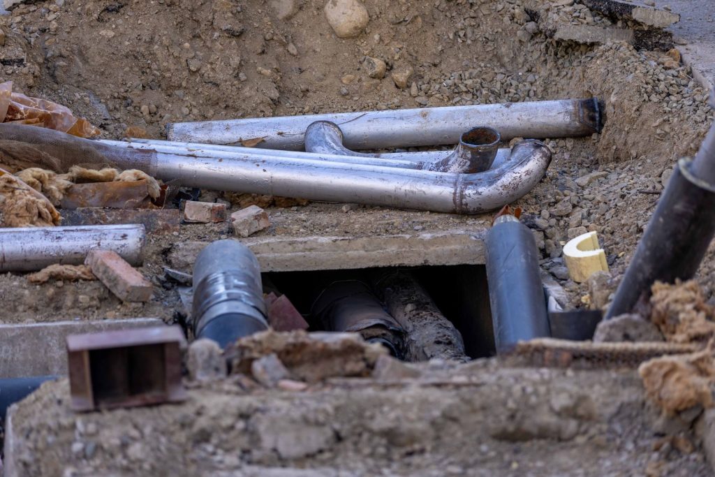 Underground pipework being laid on a construction site